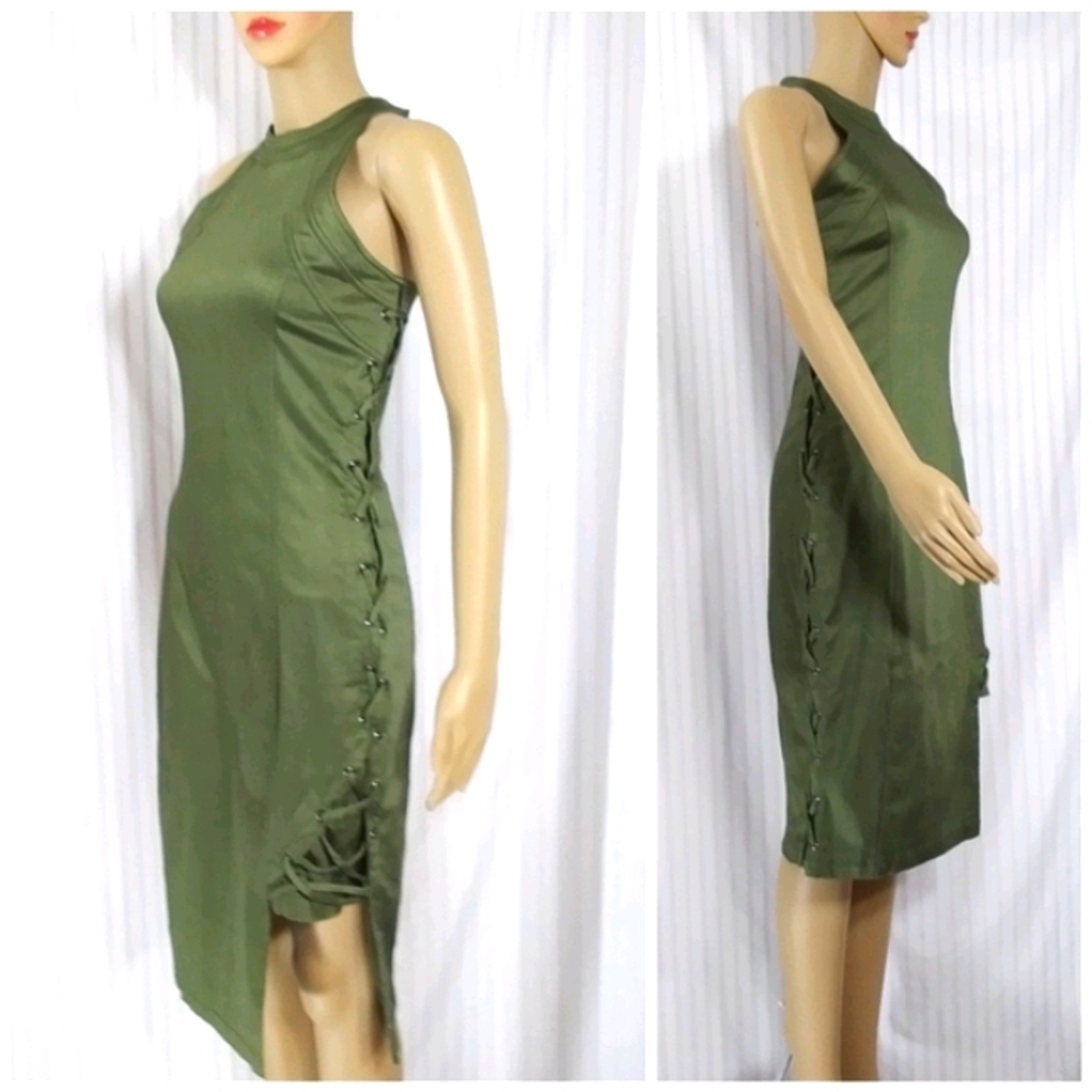 LALA ANTHONY Midweight Sleek Olive Stretch Fitted BTK Dress Halter Front…